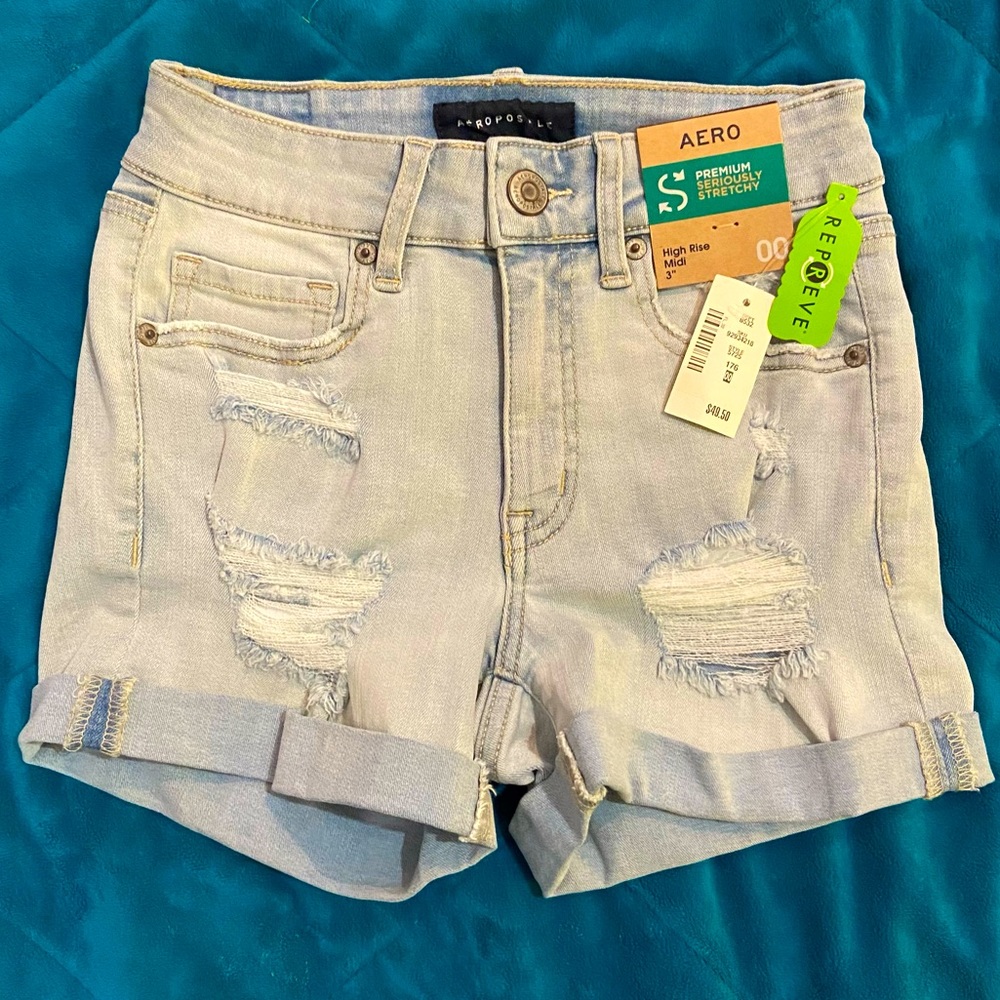 🏷️ BNWT AEROPOSTALE JEAN SHORTS~SZ 00~PREMIUM SERIOUSLY STRETCHY~HIGH RISE - Picture 2 of 7